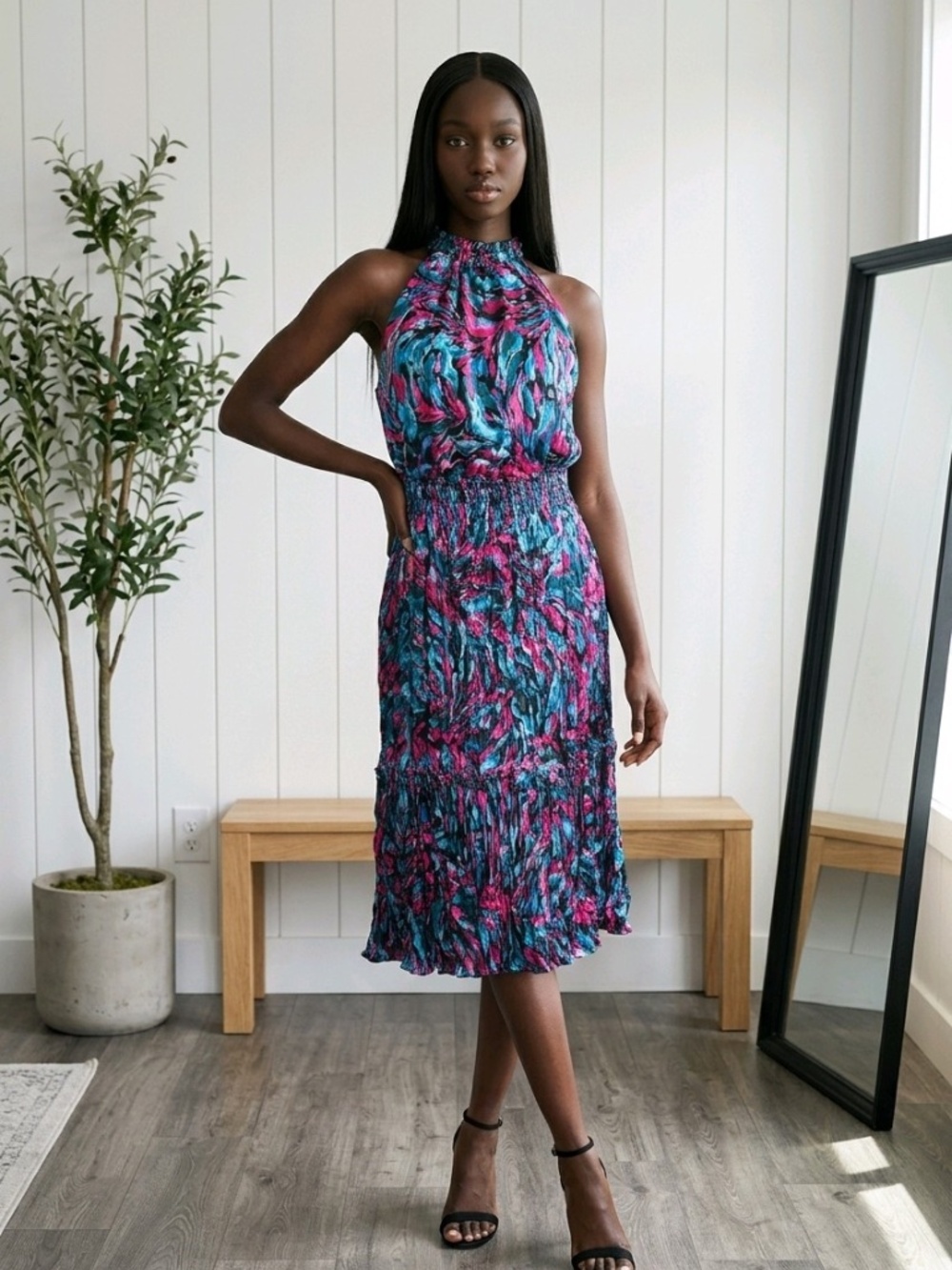 Nicole Miller Ruffle Neck Halter Midi Dress - Large